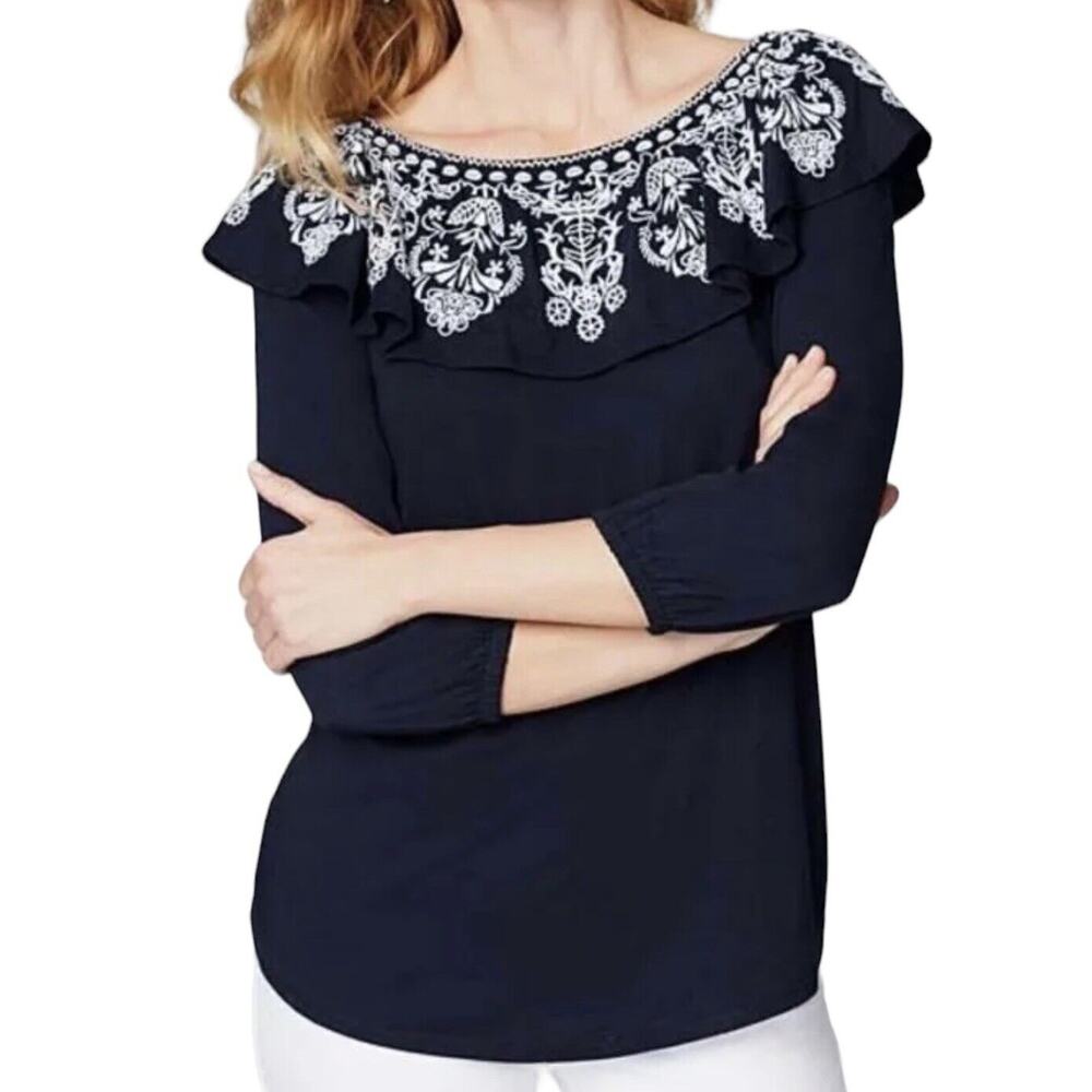 J Jill Navy Embroidered On or Off Shoulder Top Size M 3/4 Sleeve Loose Fit Boho